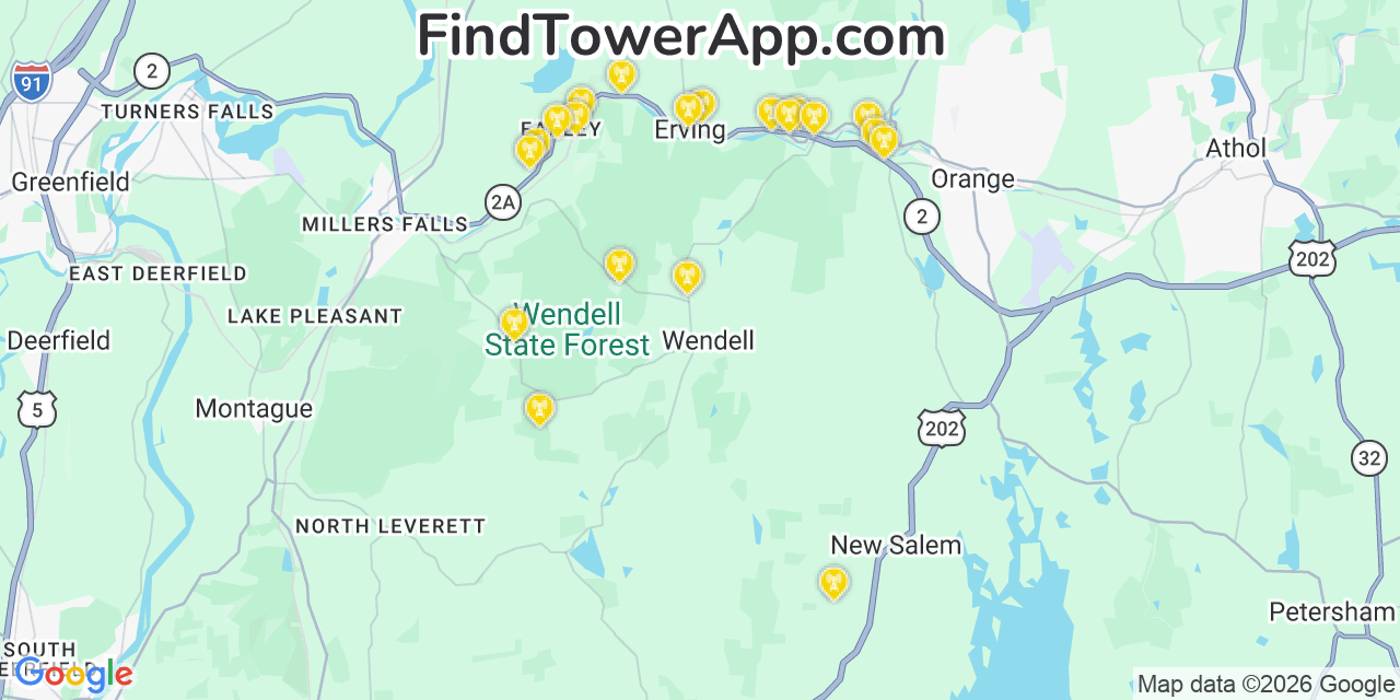 Map showing the 20 primary cell tower locations detected in Wendell, Massachusetts from AT&T, Verizon, and T-Mobile networks