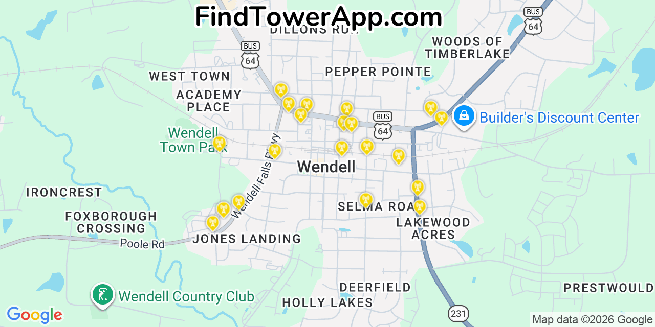 Map showing the 20 primary cell tower locations detected in Wendell, North Carolina from AT&T, Verizon, and T-Mobile networks