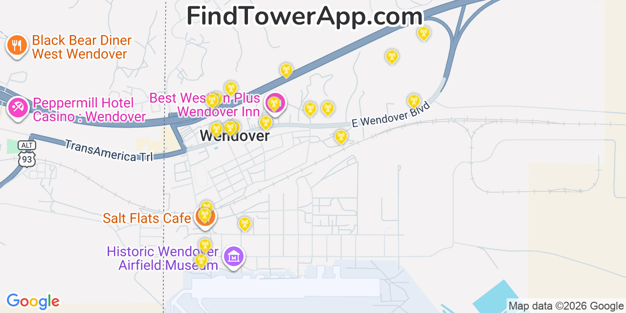 Map showing the 20 primary cell tower locations detected in Wendover, Utah from AT&T, Verizon, and T-Mobile networks
