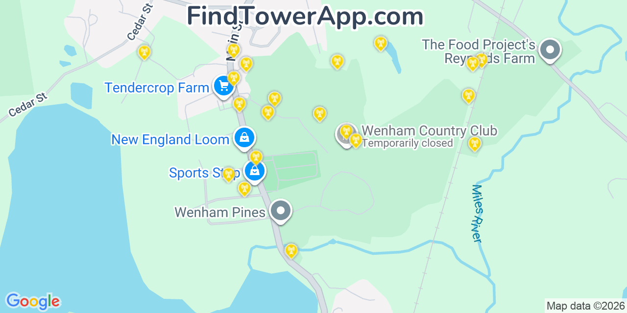 Map showing the 20 primary cell tower locations detected in Wenham, Massachusetts from AT&T, Verizon, and T-Mobile networks