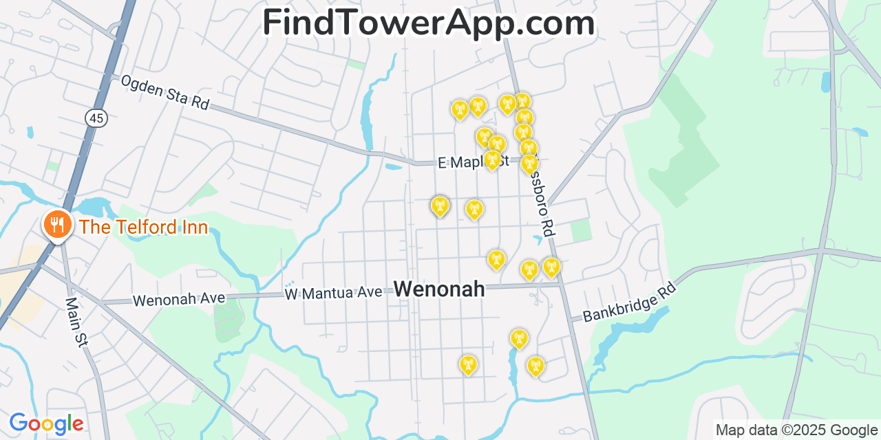Map showing the 20 primary cell tower locations detected in Wenonah, New Jersey from AT&T, Verizon, and T-Mobile networks