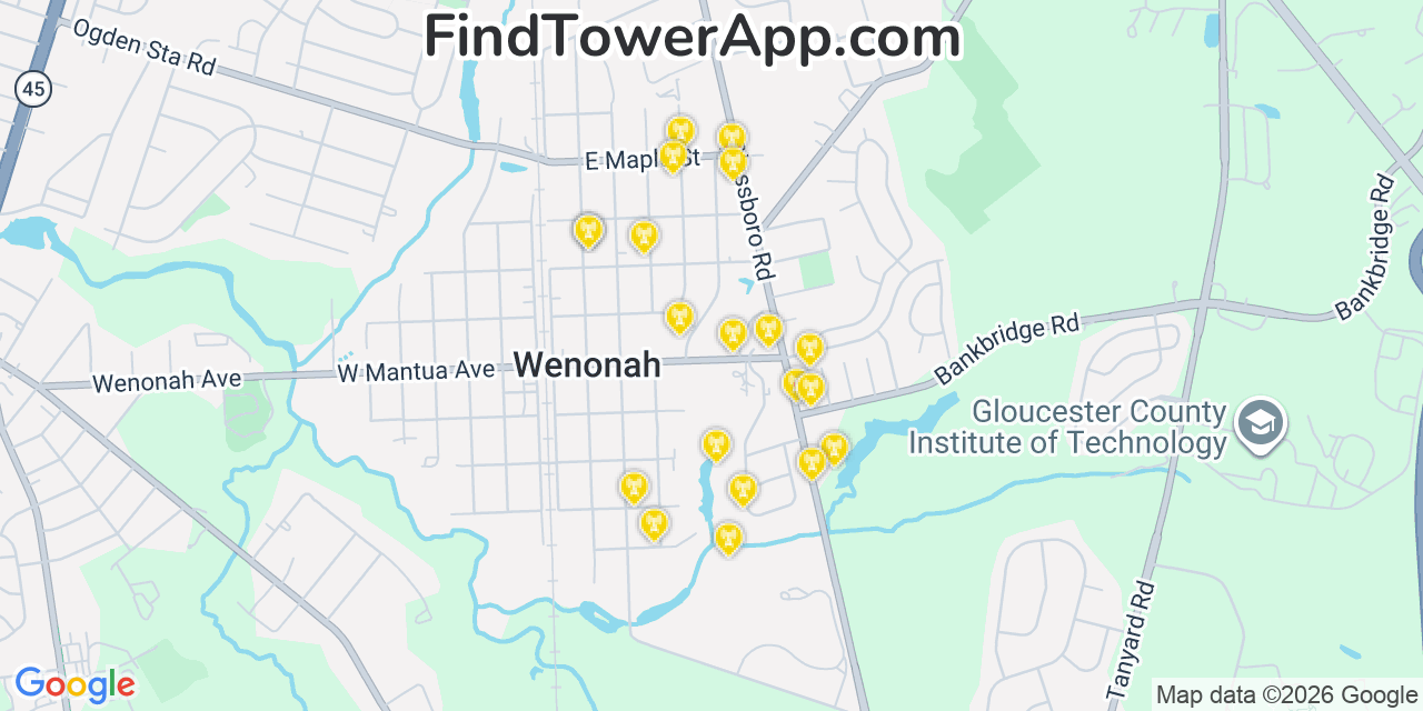 Map showing the 20 primary cell tower locations detected in Wenonah, New Jersey from AT&T, Verizon, and T-Mobile networks