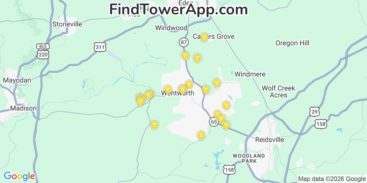 Map showing the 20 primary cell tower locations detected in Wentworth, North Carolina from AT&T, Verizon, and T-Mobile networks