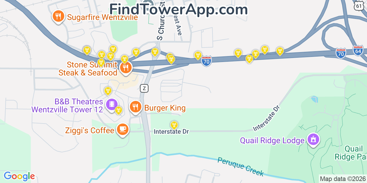 Map showing the 20 primary cell tower locations detected in Wentzville, Missouri from AT&T, Verizon, and T-Mobile networks