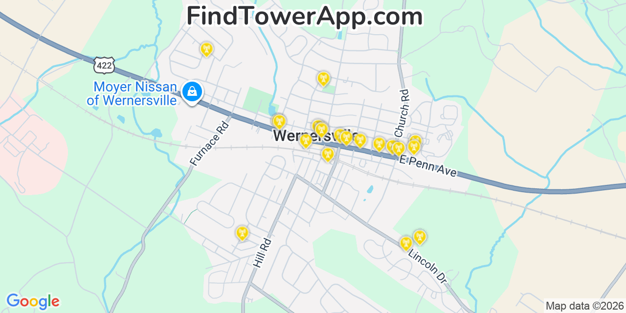 Map showing the 20 primary cell tower locations detected in Wernersville, Pennsylvania from AT&T, Verizon, and T-Mobile networks