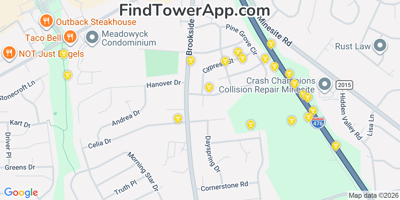 Map showing the 20 primary cell tower locations detected in Wescosville, Pennsylvania from AT&T, Verizon, and T-Mobile networks