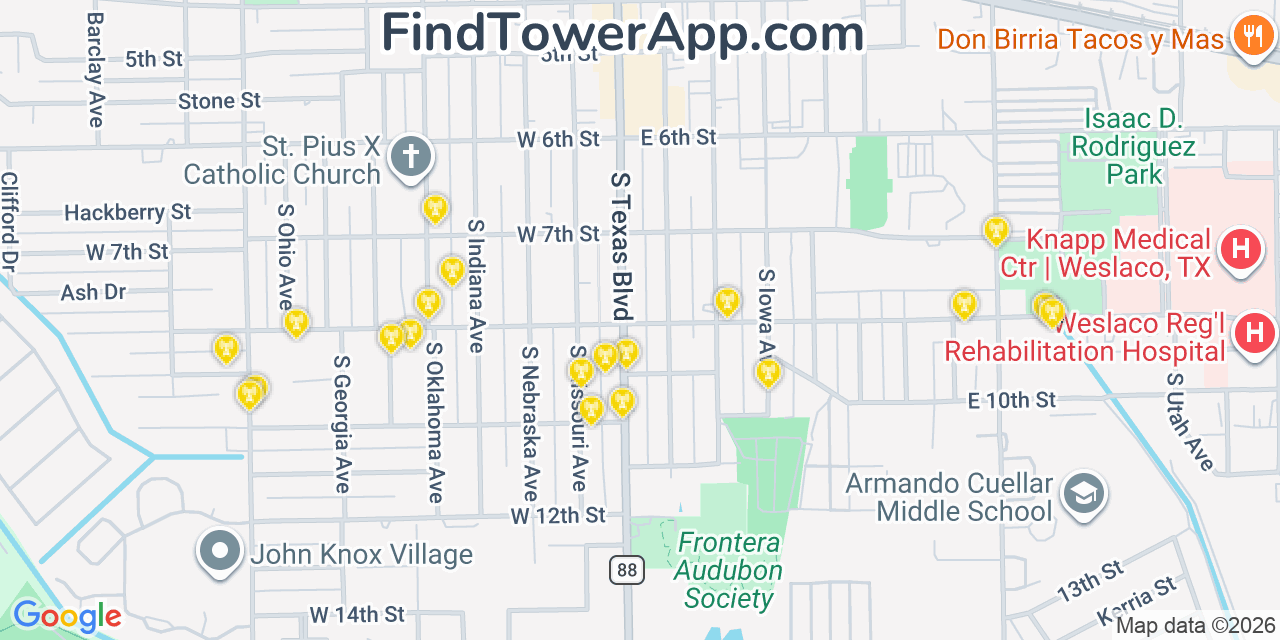 Map showing the 20 primary cell tower locations detected in Weslaco, Texas from AT&T, Verizon, and T-Mobile networks