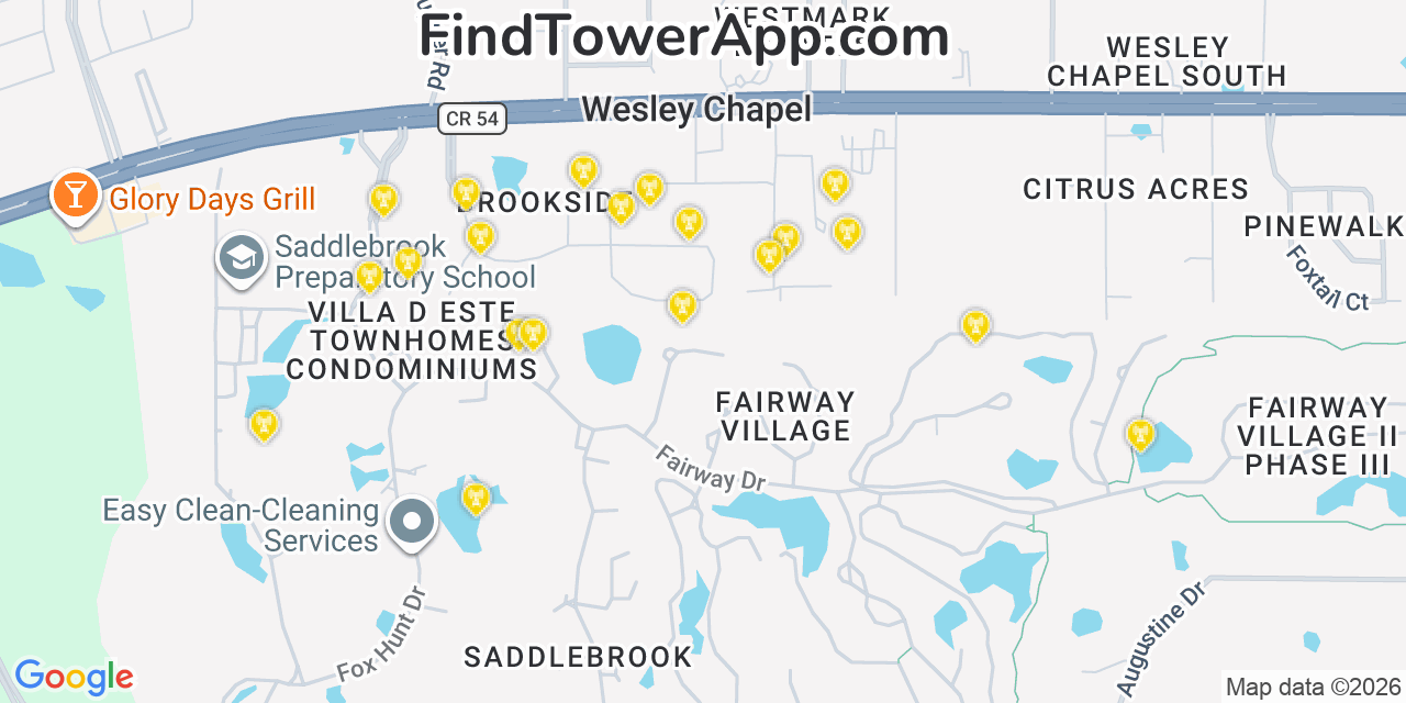 Map showing the 20 primary cell tower locations detected in Wesley Chapel, Florida from AT&T, Verizon, and T-Mobile networks
