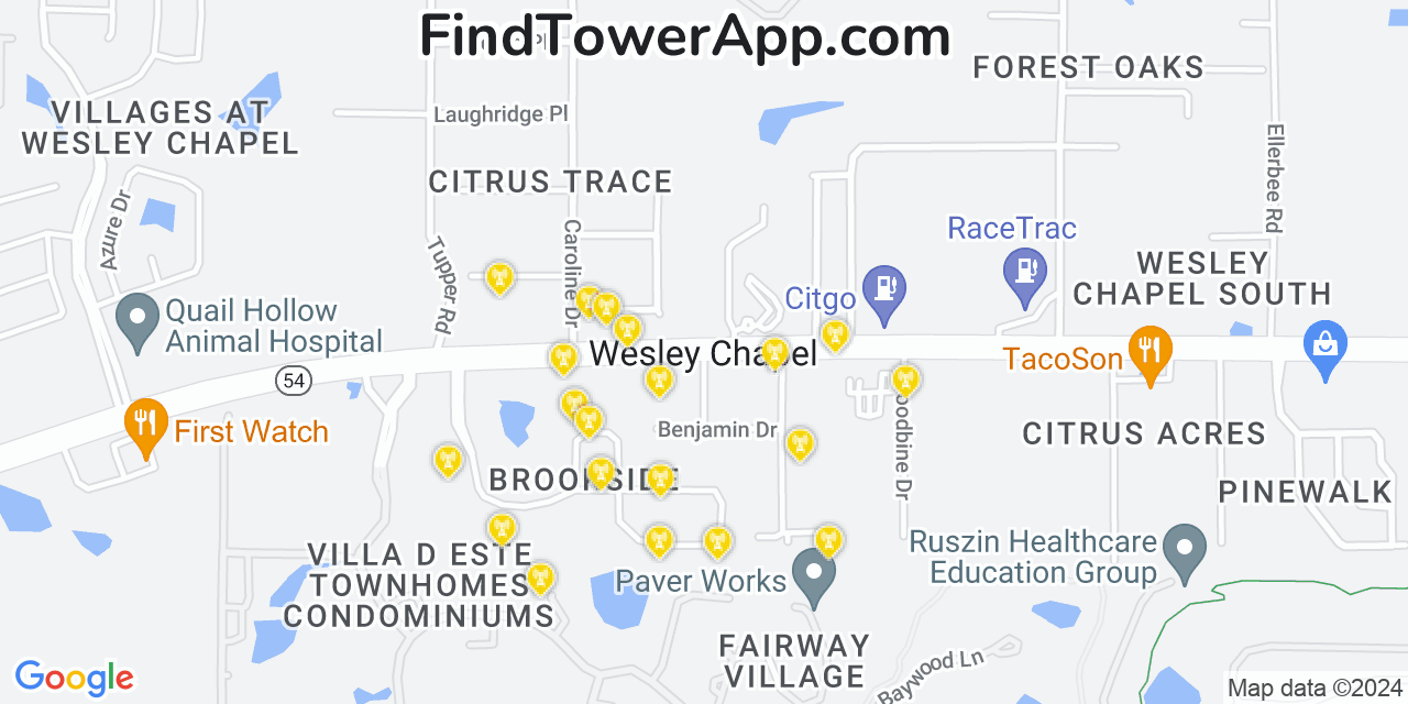 Verizon 4G/5G cell tower coverage map Wesley Chapel, Florida