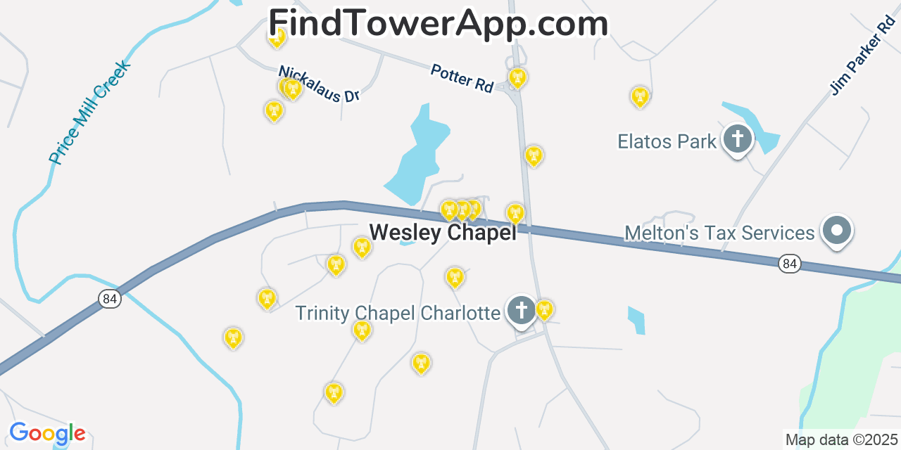 Map showing the 20 primary cell tower locations detected in Wesley Chapel, North Carolina from AT&T, Verizon, and T-Mobile networks
