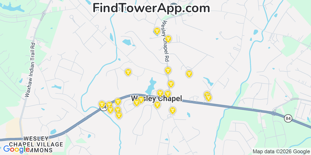 Map showing the 20 primary cell tower locations detected in Wesley Chapel, North Carolina from AT&T, Verizon, and T-Mobile networks