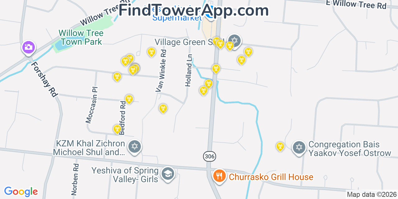 Map showing the 20 primary cell tower locations detected in Wesley Hills, New York from AT&T, Verizon, and T-Mobile networks