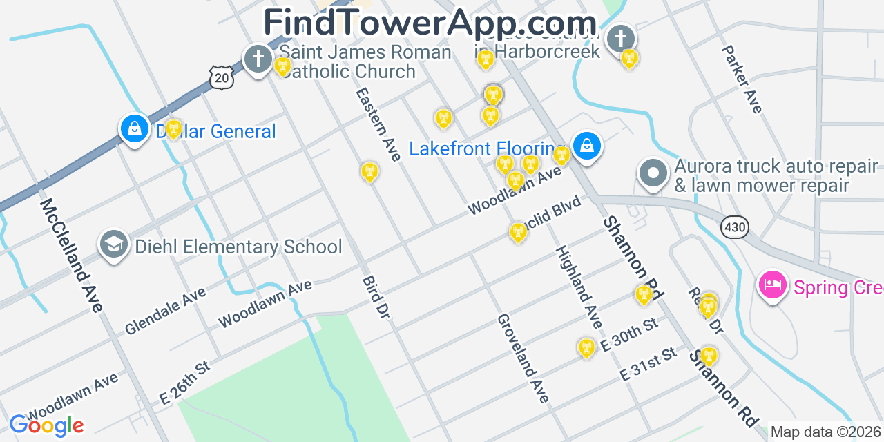 Map showing the 20 primary cell tower locations detected in Wesleyville, Pennsylvania from AT&T, Verizon, and T-Mobile networks