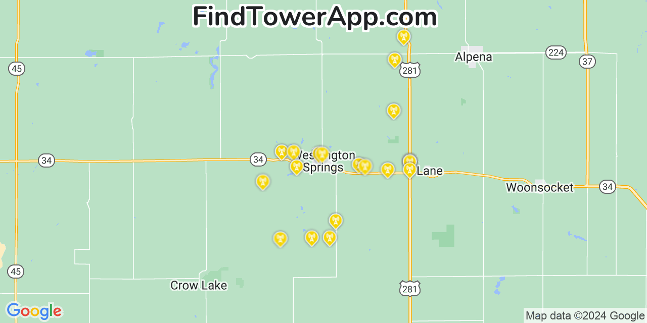 AT&T 4G/5G cell tower coverage map Wessington Springs, South Dakota