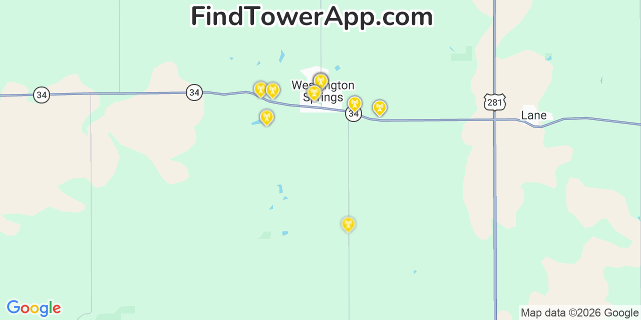 Map showing the 20 primary cell tower locations detected in Wessington Springs, South Dakota from AT&T, Verizon, and T-Mobile networks