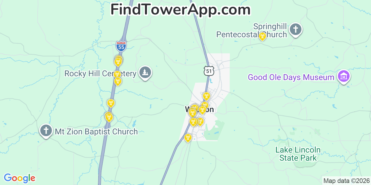 Map showing the 20 primary cell tower locations detected in Wesson, Mississippi from AT&T, Verizon, and T-Mobile networks