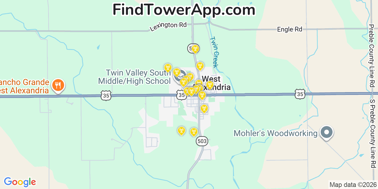 Map showing the 20 primary cell tower locations detected in West Alexandria, Ohio from AT&T, Verizon, and T-Mobile networks