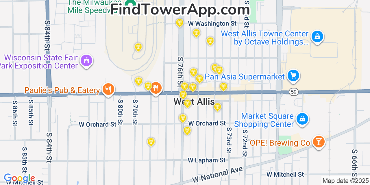 Map showing the 20 primary cell tower locations detected in West Allis, Wisconsin from AT&T, Verizon, and T-Mobile networks
