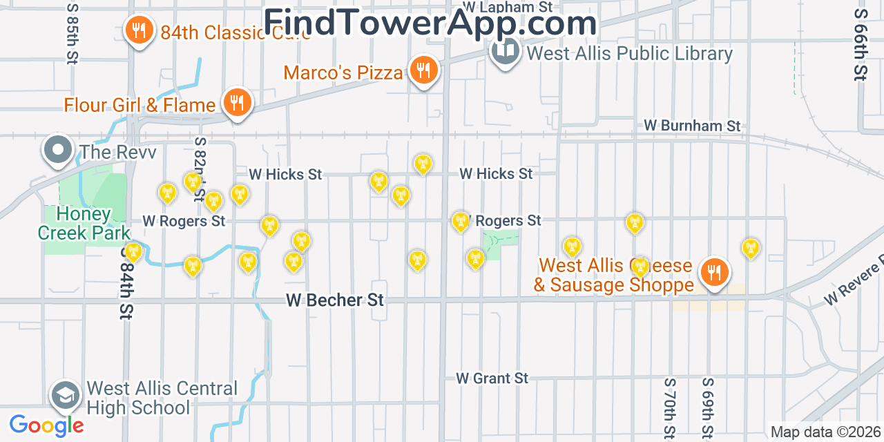Map showing the 20 primary cell tower locations detected in West Allis, Wisconsin from AT&T, Verizon, and T-Mobile networks