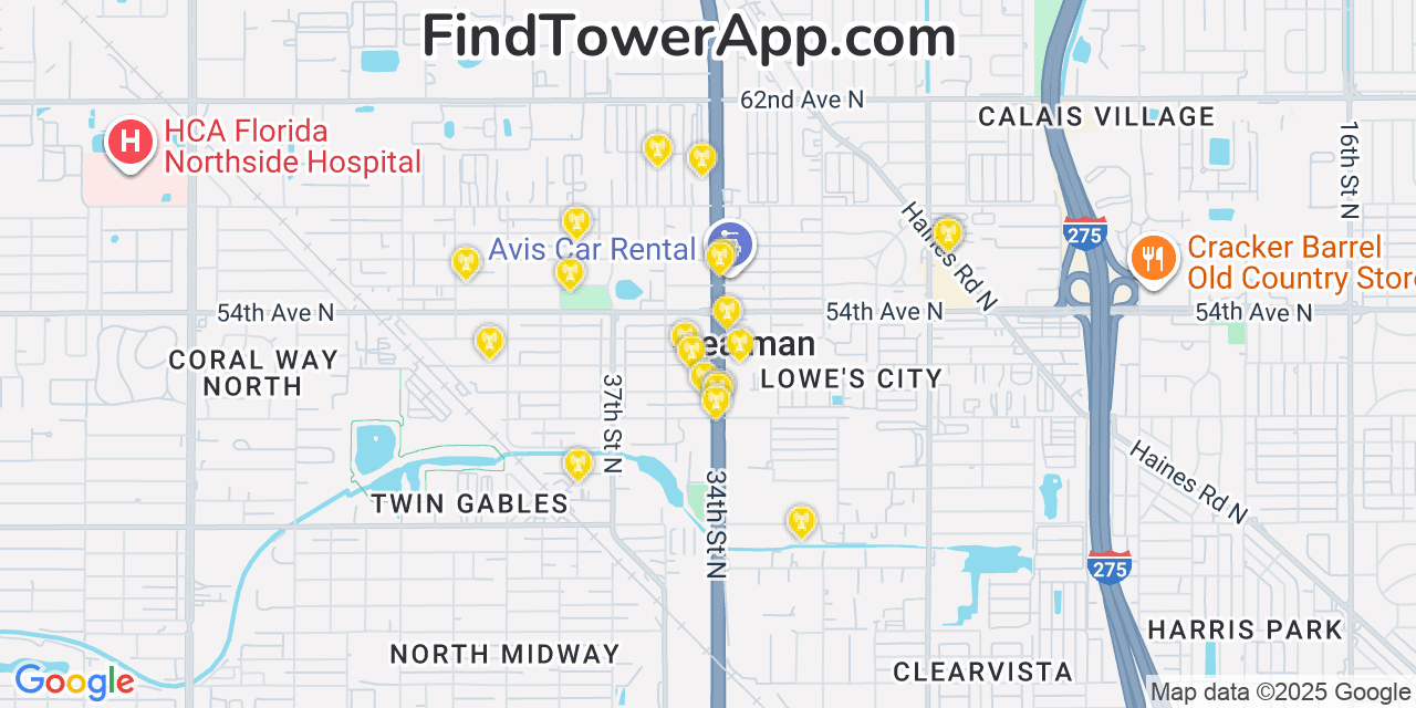 Map showing the 39 primary AT&T cell tower locations detected in West And East Lealman, Florida with coverage radius and signal strength indicators