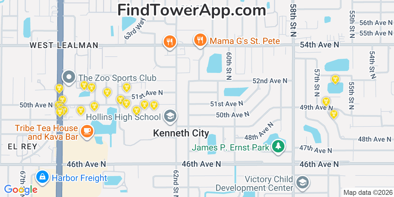 Map showing the 20 primary cell tower locations detected in West And East Lealman, Florida from AT&T, Verizon, and T-Mobile networks