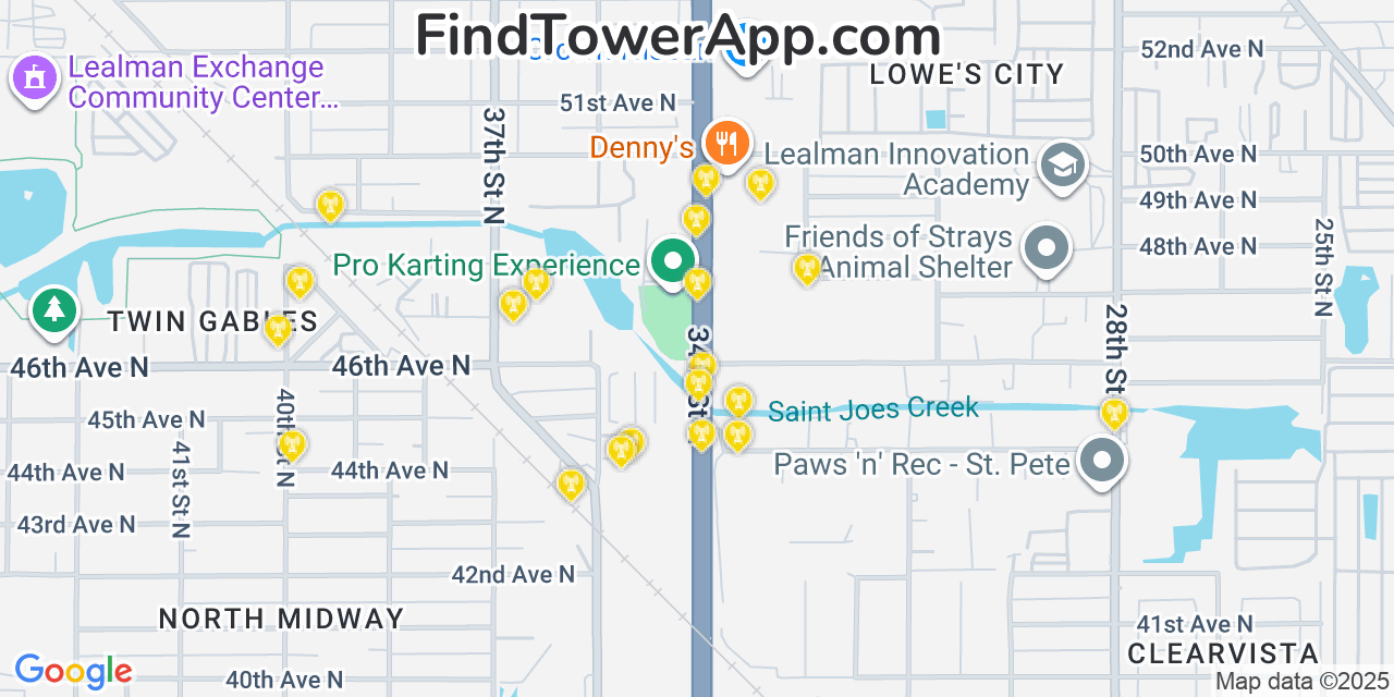 Map showing the 20 primary T-Mobile cell tower locations detected in West And East Lealman, Florida with coverage radius and signal strength indicators