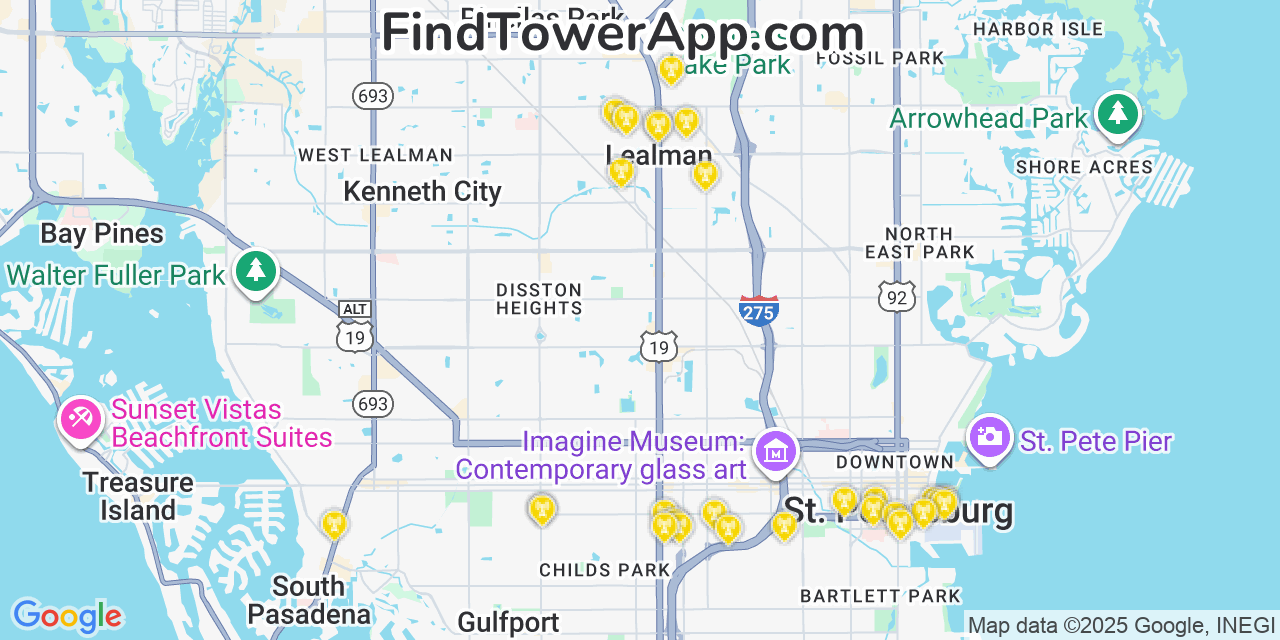 Map showing the 30 primary Verizon cell tower locations detected in West And East Lealman, Florida with coverage radius and signal strength indicators
