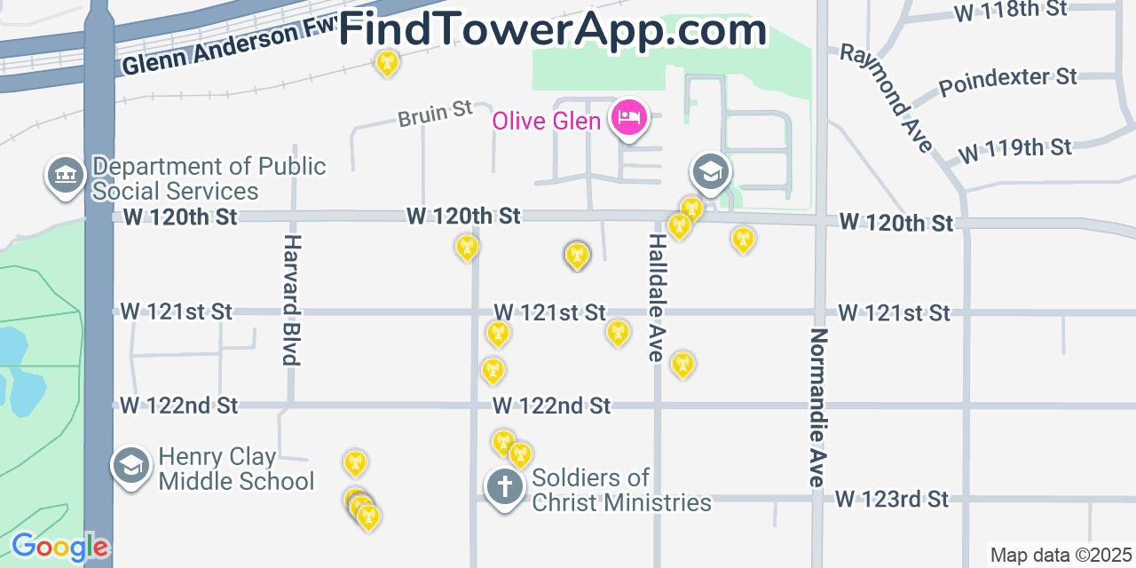 Map showing the 20 primary cell tower locations detected in West Athens, California from AT&T, Verizon, and T-Mobile networks