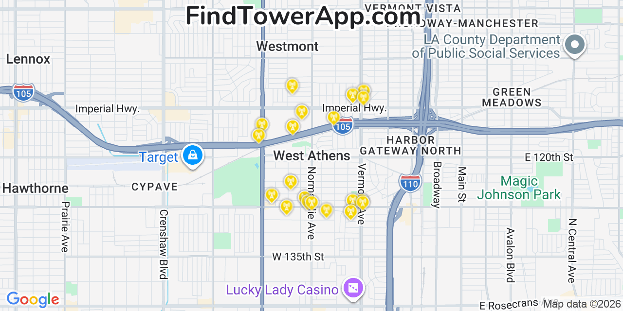 Map showing the 20 primary cell tower locations detected in West Athens, California from AT&T, Verizon, and T-Mobile networks