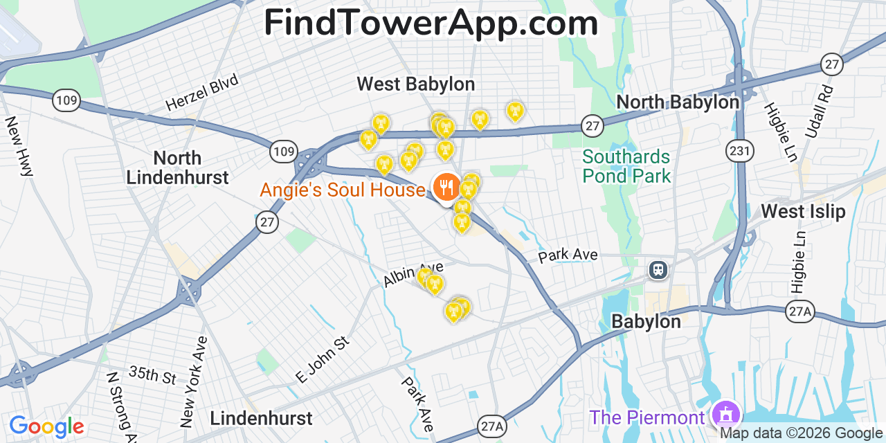 Map showing the 20 primary cell tower locations detected in West Babylon, New York from AT&T, Verizon, and T-Mobile networks