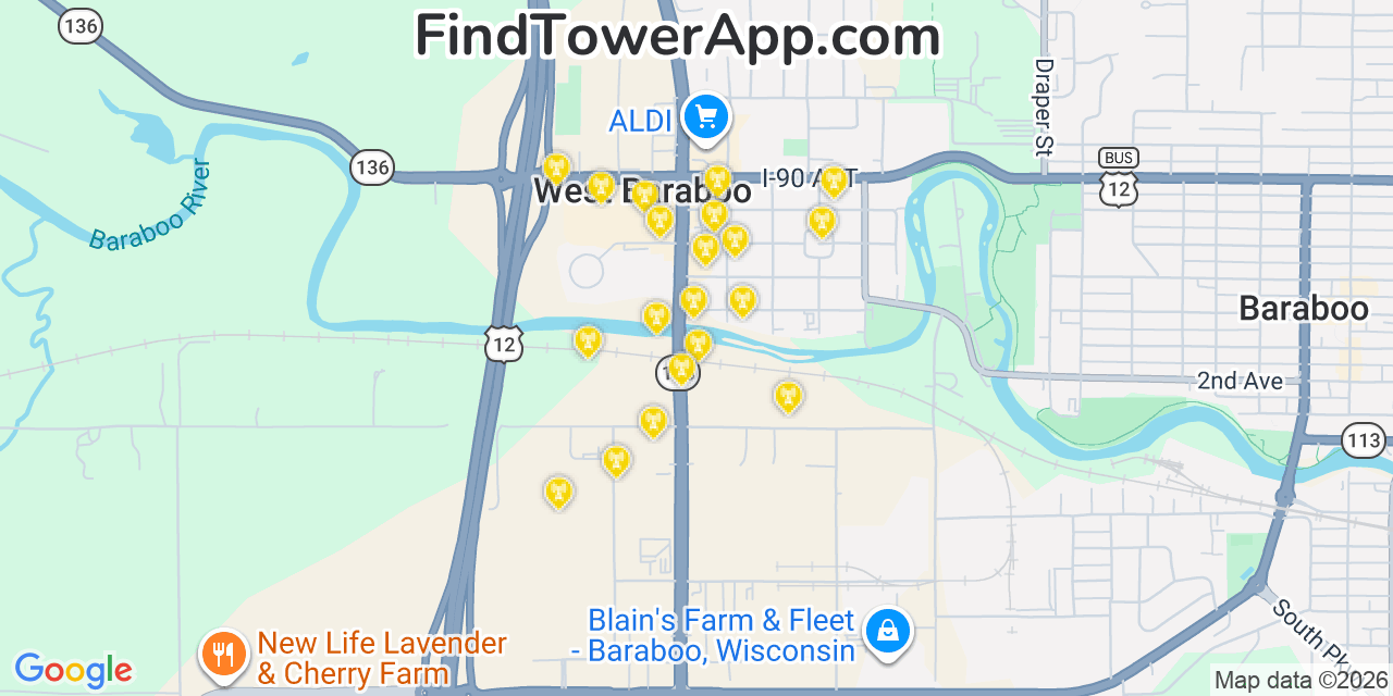 Map showing the 20 primary cell tower locations detected in West Baraboo, Wisconsin from AT&T, Verizon, and T-Mobile networks