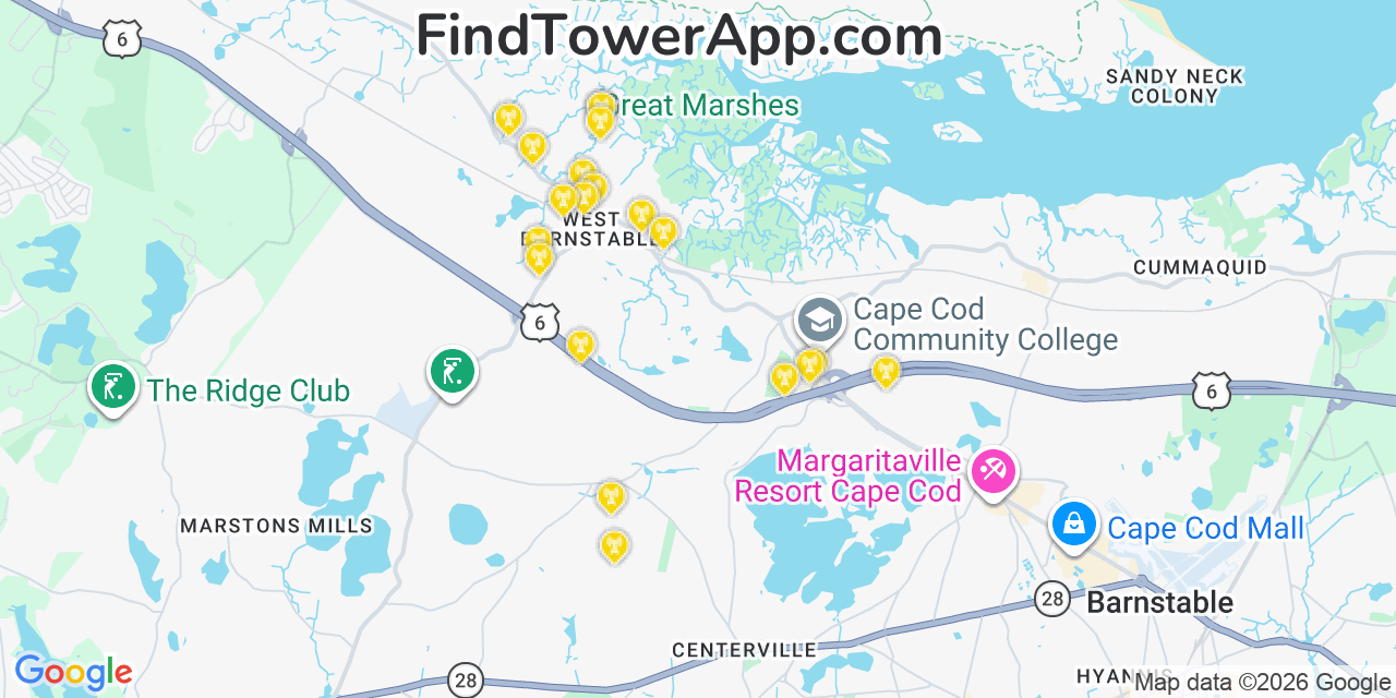 Map showing the 20 primary cell tower locations detected in West Barnstable, Massachusetts from AT&T, Verizon, and T-Mobile networks