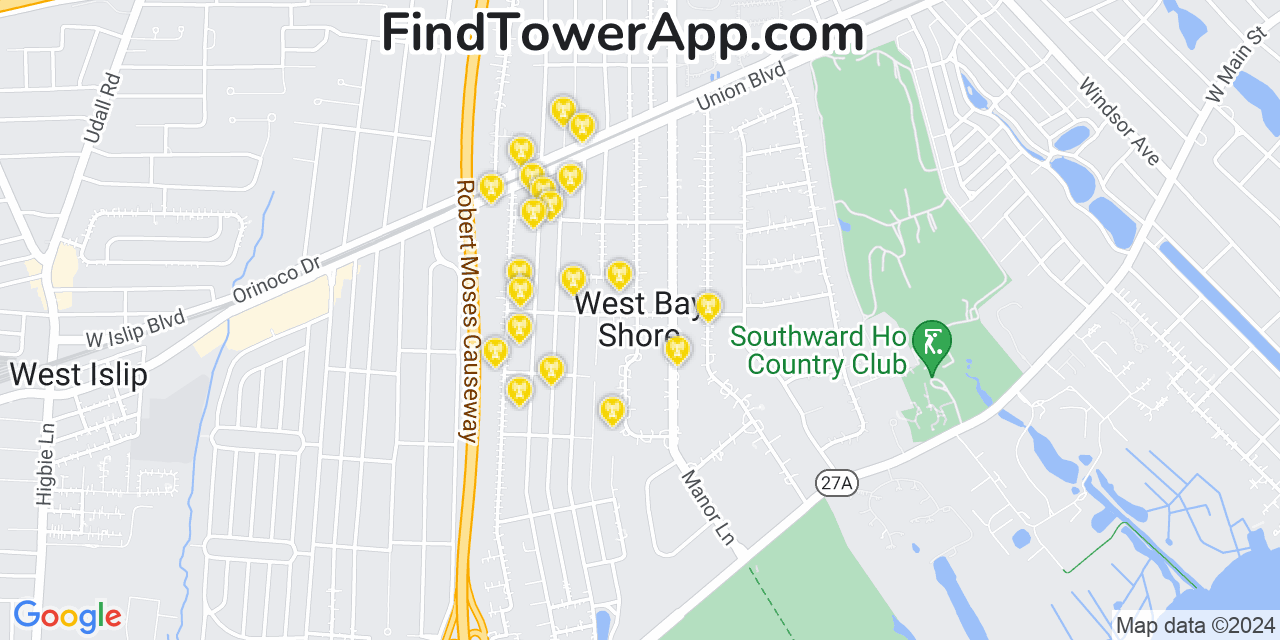 AT&T 4G/5G cell tower coverage map West Bay Shore, New York