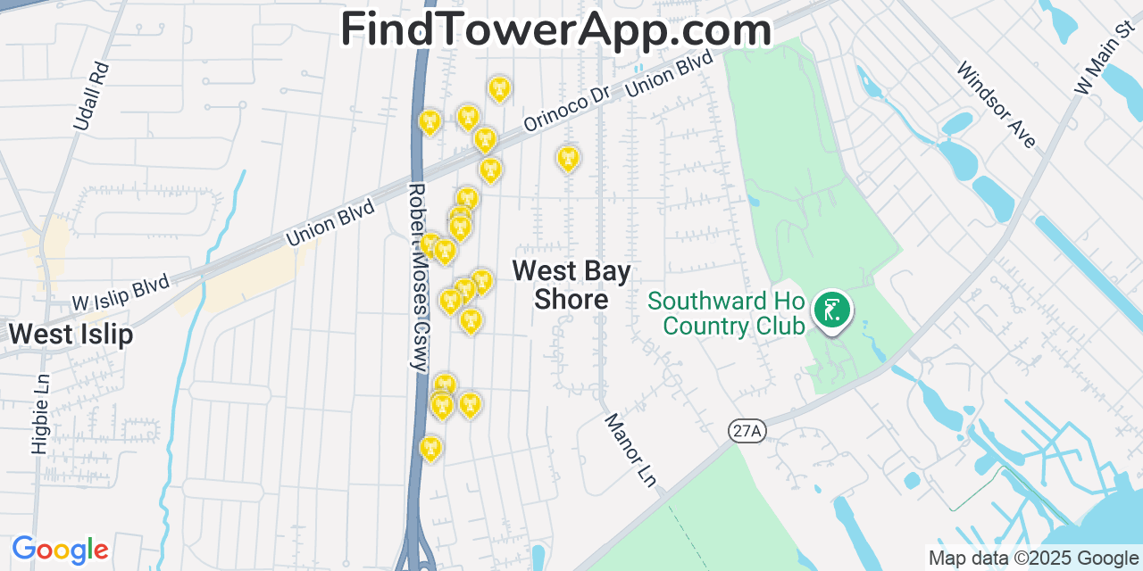 Map showing the 20 primary cell tower locations detected in West Bay Shore, New York from AT&T, Verizon, and T-Mobile networks