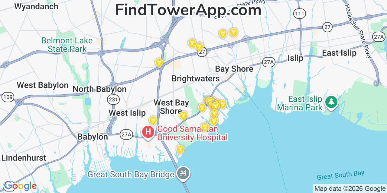 Map showing the 20 primary cell tower locations detected in West Bay Shore, New York from AT&T, Verizon, and T-Mobile networks