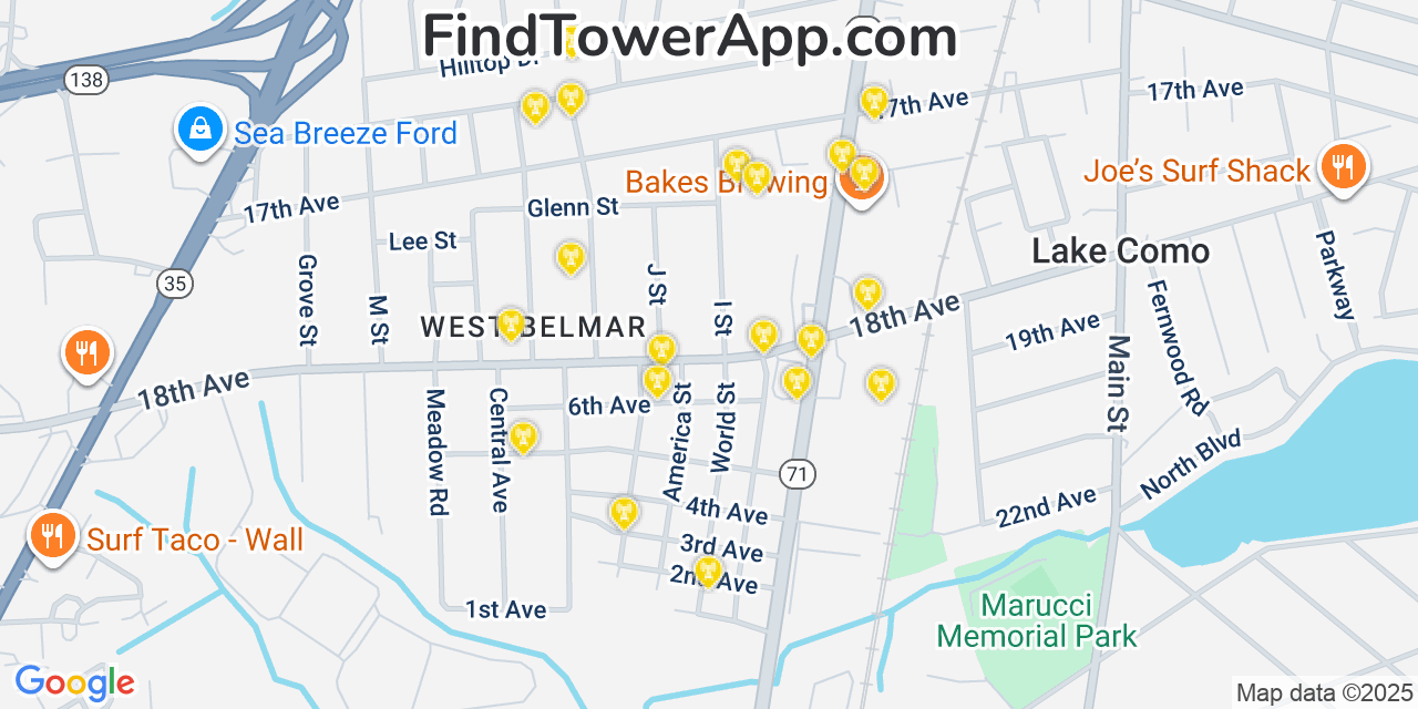 Map showing the 20 primary cell tower locations detected in West Belmar, New Jersey from AT&T, Verizon, and T-Mobile networks