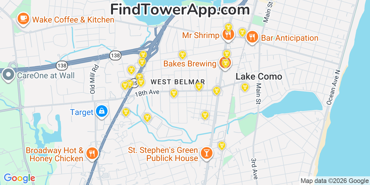 Map showing the 20 primary cell tower locations detected in West Belmar, New Jersey from AT&T, Verizon, and T-Mobile networks