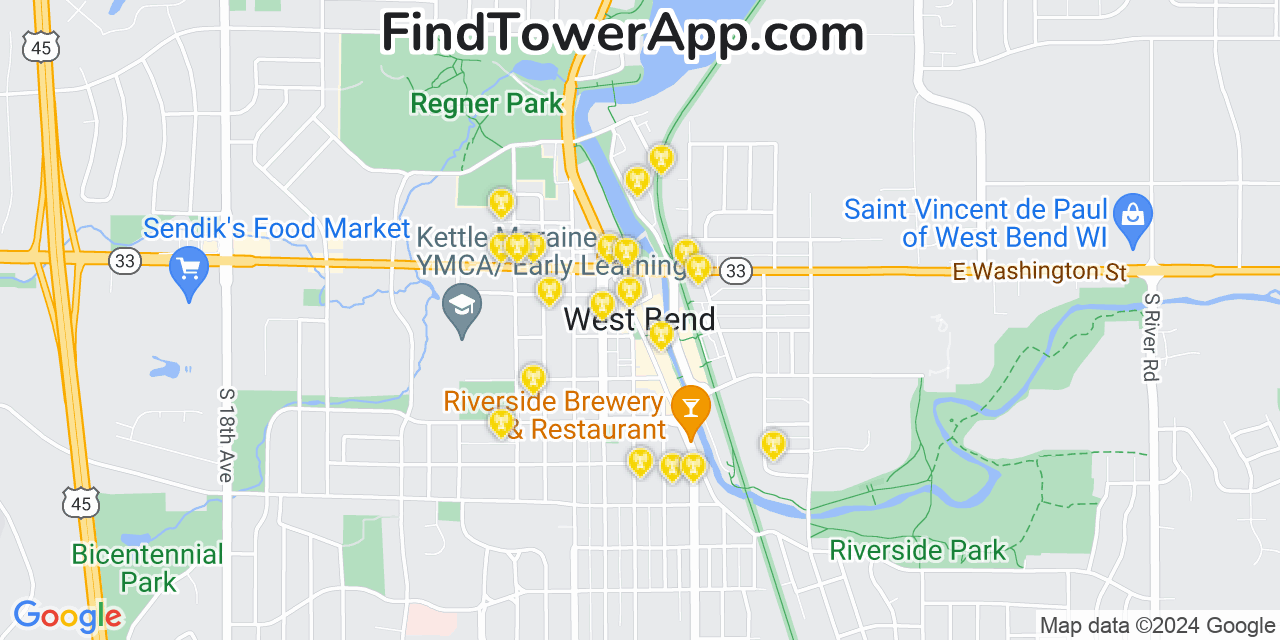 AT&T 4G/5G cell tower coverage map West Bend, Wisconsin