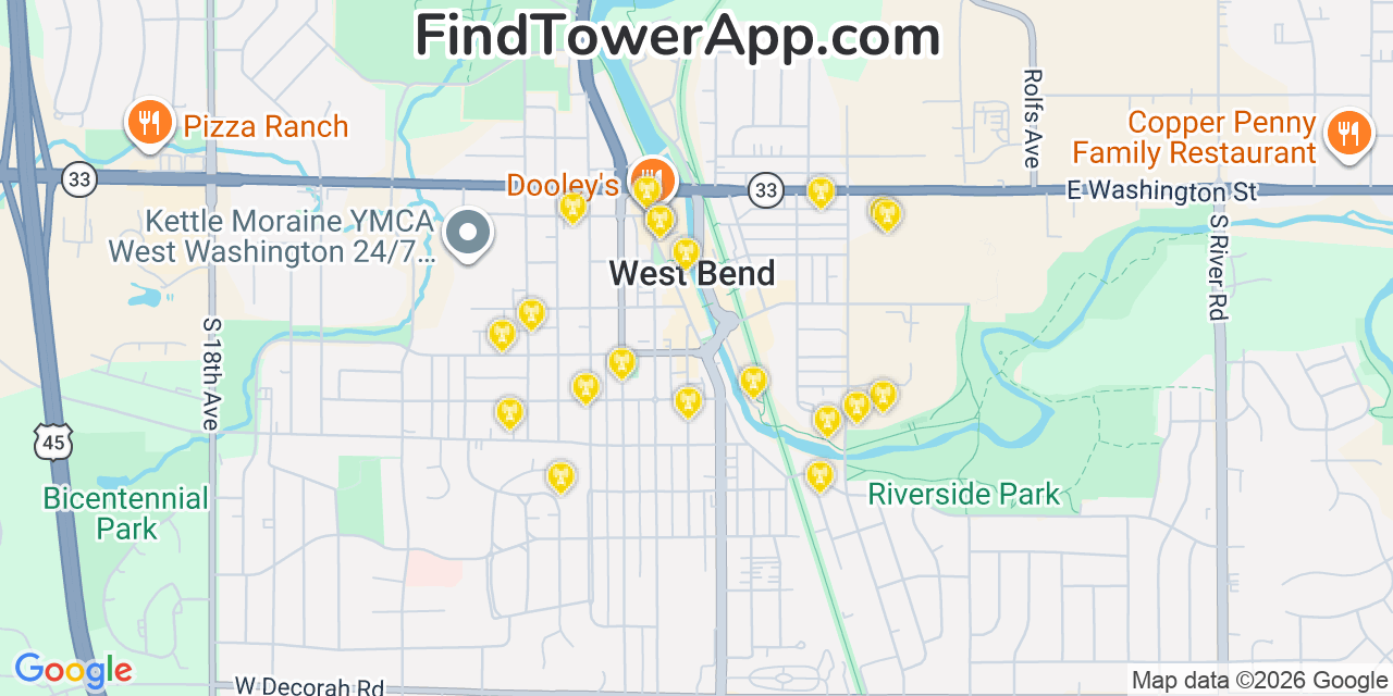 Map showing the 20 primary cell tower locations detected in West Bend, Wisconsin from AT&T, Verizon, and T-Mobile networks
