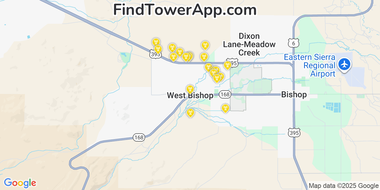 Map showing the 20 primary cell tower locations detected in West Bishop, California from AT&T, Verizon, and T-Mobile networks