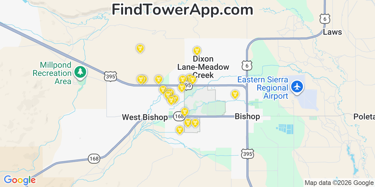 Map showing the 20 primary cell tower locations detected in West Bishop, California from AT&T, Verizon, and T-Mobile networks