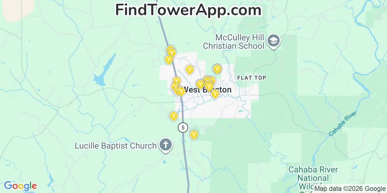 Map showing the 20 primary cell tower locations detected in West Blocton, Alabama from AT&T, Verizon, and T-Mobile networks