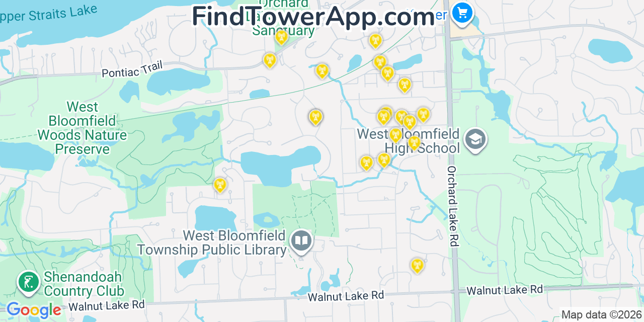 Map showing the 20 primary cell tower locations detected in West Bloomfield Township, Michigan from AT&T, Verizon, and T-Mobile networks