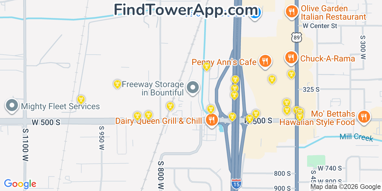 Map showing the 20 primary cell tower locations detected in West Bountiful, Utah from AT&T, Verizon, and T-Mobile networks