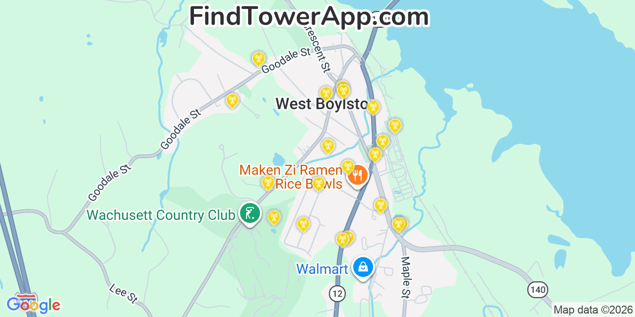 Map showing the 20 primary cell tower locations detected in West Boylston, Massachusetts from AT&T, Verizon, and T-Mobile networks