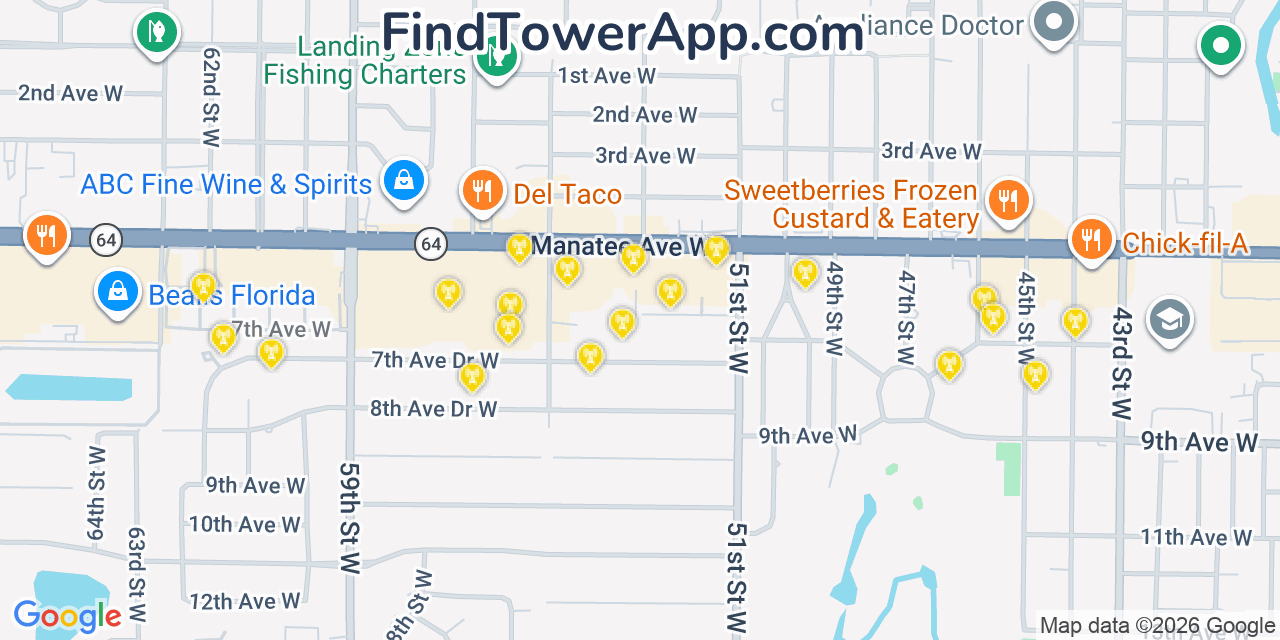 Map showing the 20 primary cell tower locations detected in West Bradenton, Florida from AT&T, Verizon, and T-Mobile networks