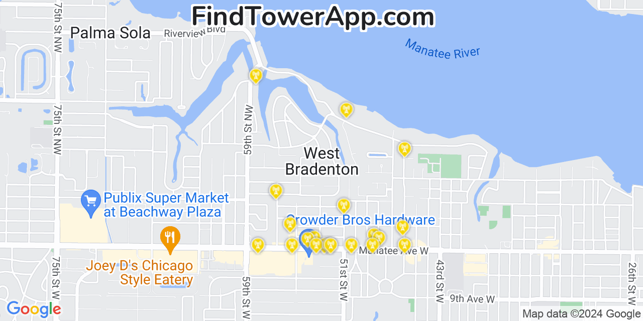 Verizon 4G/5G cell tower coverage map West Bradenton, Florida