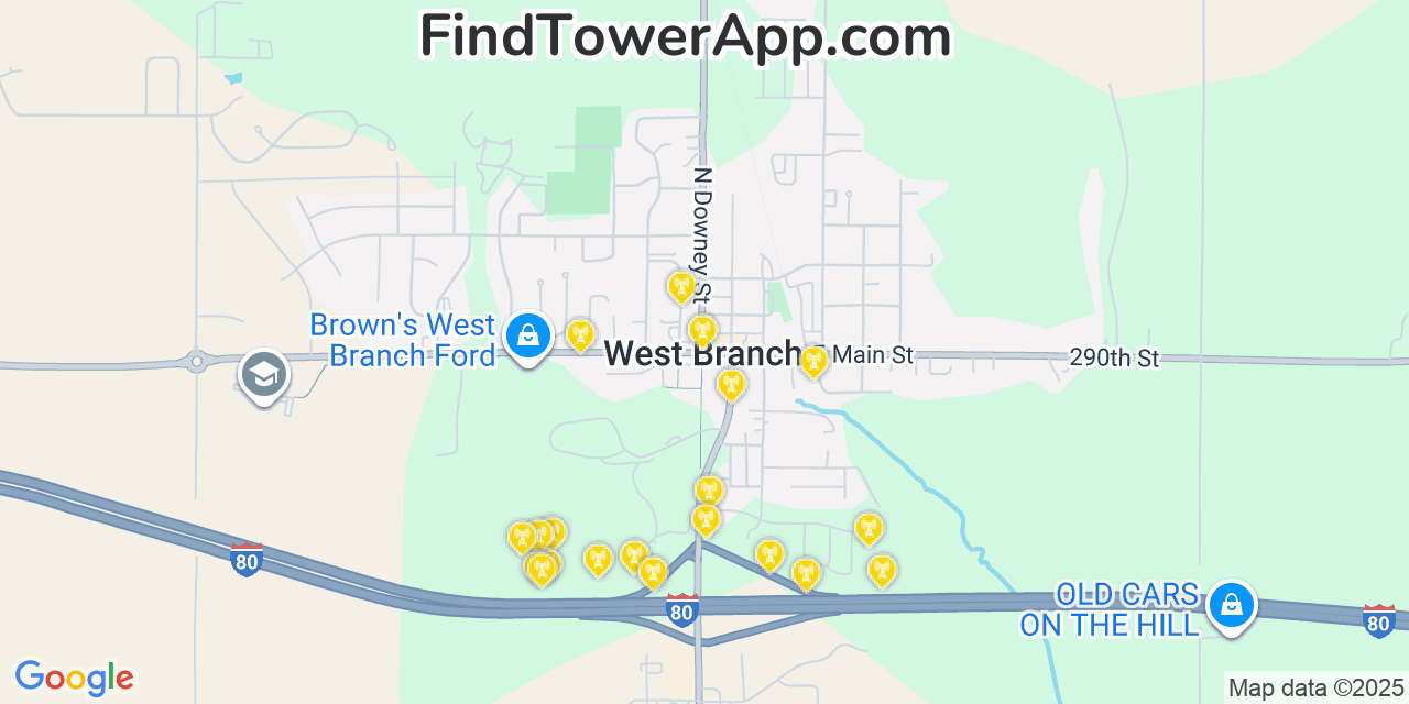 Map showing the 20 primary cell tower locations detected in West Branch, Iowa from AT&T, Verizon, and T-Mobile networks