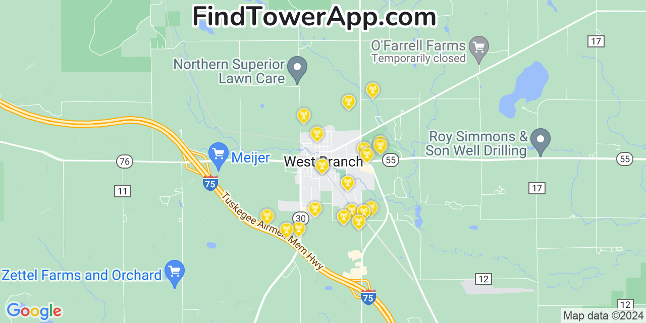 AT&T 4G/5G cell tower coverage map West Branch, Michigan