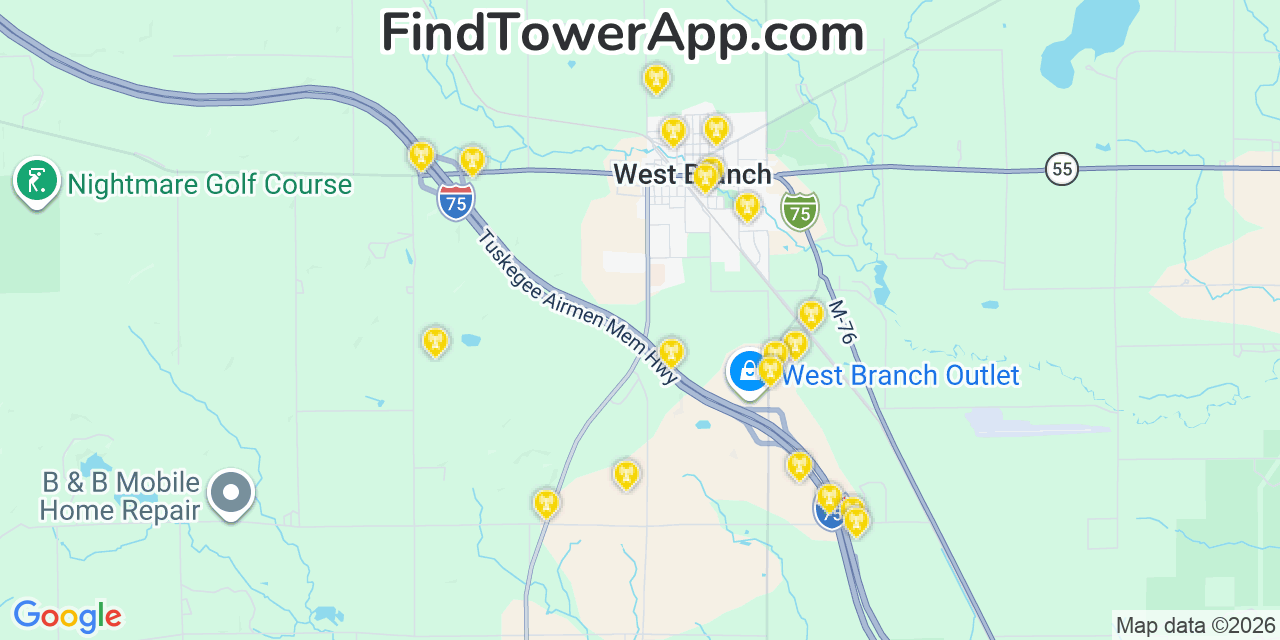 Map showing the 20 primary cell tower locations detected in West Branch, Michigan from AT&T, Verizon, and T-Mobile networks
